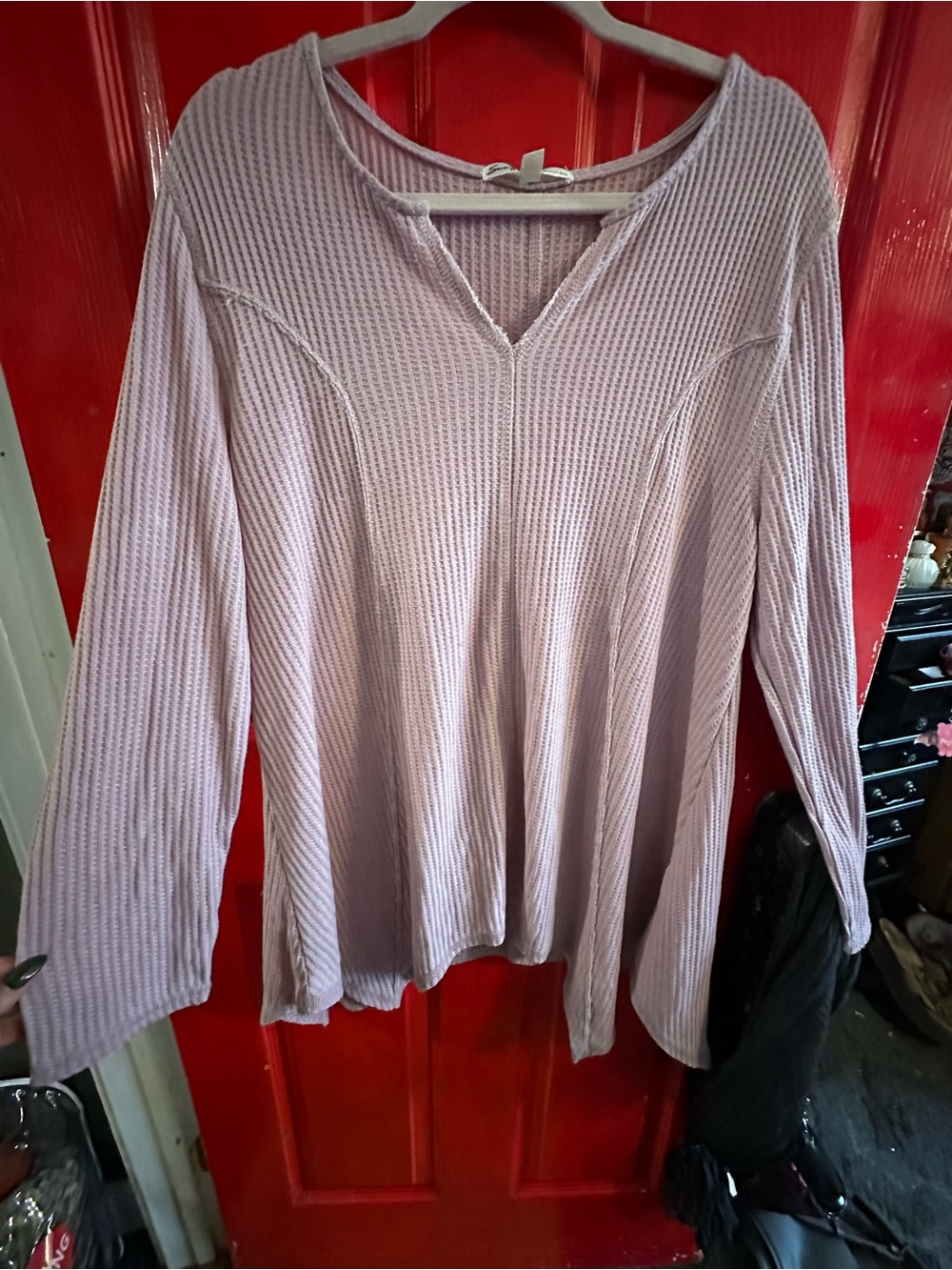 Seven 7 Light Lavender Waffle-Knit V-Neck Women's Top XL